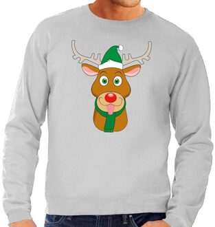 Foute kersttrui grijs met Ruldolf het rendier met groene muts voor heren XL (54) - kerst truien