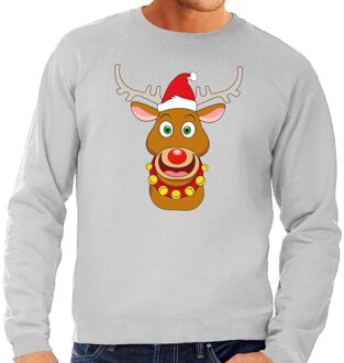 Foute kersttrui grijs met Ruldolf het rendier met rode muts voor heren L (52) - kerst truien