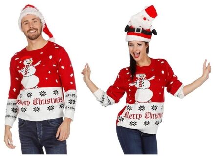 Foute kersttrui - sneeuwpop - rood/wit - acryl - volwassenen - kersttruien Blauw