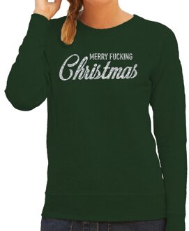 Foute Kersttrui / sweater - Merry Fucking Christmas - zilver / glitter - groen - dames - kerstkleding / kerst outfit XS (34)