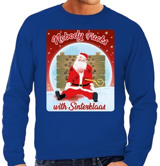 Foute Kersttrui / sweater - Nobody fucks with Sinterklaas - blauw voor heren - kerstkleding / kerst outfit M (50)