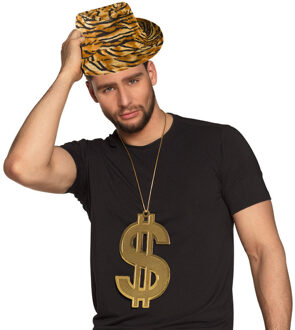 Foute party PIMP verkleed set - 2 delig - heren - tijger hoed - dollar teken ketting goud