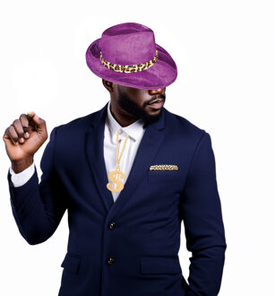 Foute party/Pimp verkleed set - 3 delig - heren - paarse hoed - dollar ketting goud