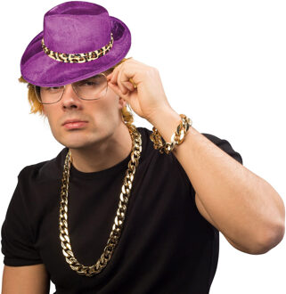 Foute party/Pimp verkleed set - 3 delig - heren - paarse hoed - ketting/armband goud