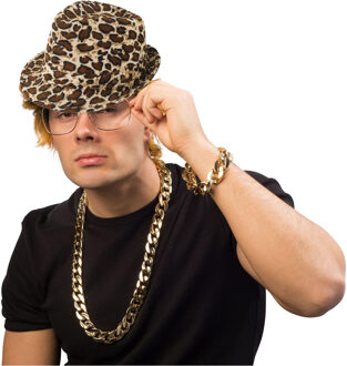 Foute party/Pimp verkleed set - 3 delig - heren - panter hoed - ketting/armband goud