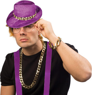 Foute party/Pimp verkleed set - 4 delig - heren - paarse hoed - ketting/armband goud - bretels