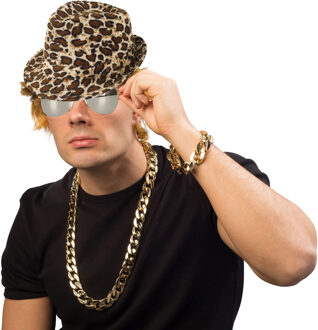 Foute party/Pimp verkleed set - 4 delig - heren - panter hoed - ketting/armband goud - zonnebril