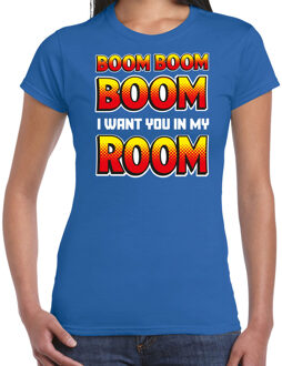 foute party t-shirt dames - Boom boom boom i want you in my room - blauw -carnaval 2XL