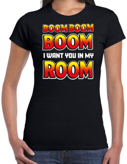 Foute party t-shirt dames - Boom boom boom i want you in my room - zwart - carnaval XL