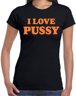 Foute party t-shirt dames - I love pussy - zwart - glitter oranje S