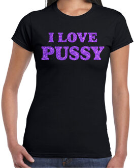 Foute party t-shirt dames - I love pussy - zwart - glitter paars 2XL