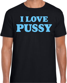 Foute party t-shirt heren - I love Pussy - zwart - glitter blauw XL