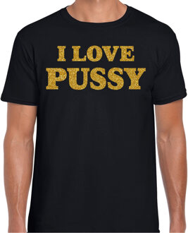 Foute party t-shirt heren - I love Pussy - zwart - glitter goud S