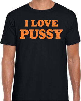 Foute party t-shirt heren - I love Pussy - zwart - glitter oranje S
