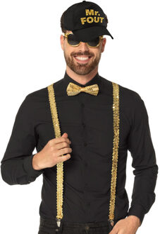 Foute Party Verkleedset - bretels/bril/strikje en pet/cap - goud/zwart - themafeest/Carnaval