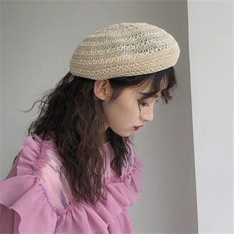 Foux Baret Stro Vrouwen Zomer Mesh Ademende Hoed Gebreide Koreaanse Stijl Franse Baret Dames Vrouwelijke Verstelbare Touw Beige