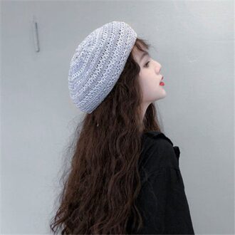 Foux Baret Stro Vrouwen Zomer Mesh Ademende Hoed Gebreide Koreaanse Stijl Franse Baret Dames Vrouwelijke Verstelbare Touw Grijs
