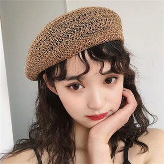 Foux Baret Stro Vrouwen Zomer Mesh Ademende Hoed Gebreide Koreaanse Stijl Franse Baret Dames Vrouwelijke Verstelbare Touw khaki