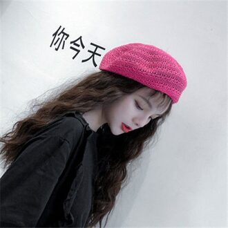 Foux Baret Stro Vrouwen Zomer Mesh Ademende Hoed Gebreide Koreaanse Stijl Franse Baret Dames Vrouwelijke Verstelbare Touw Rood