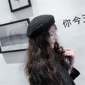 Foux Baret Stro Vrouwen Zomer Mesh Ademende Hoed Gebreide Koreaanse Stijl Franse Baret Dames Vrouwelijke Verstelbare Touw zwart