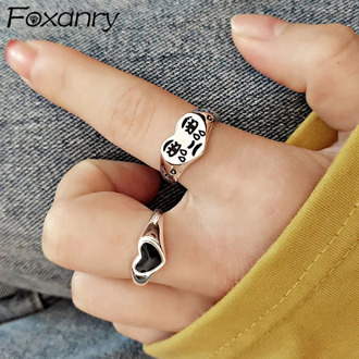 Foxanry 925 Sterling Silver Black LOVE Heart Rings for Women New Fashion Cute Cartoon Face Thai Silver Rock Party Jewelry Gifts