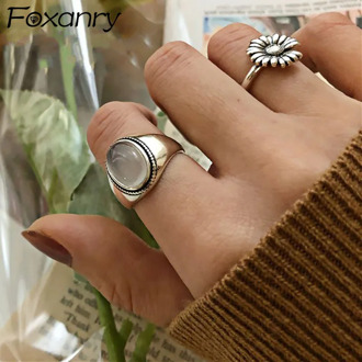 Foxanry 925 Sterling Silver Couples Rings for Women Trendy Vintage Handmade White Agate Elegant Wedding Party Jewelry Gifts