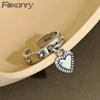 Foxanry 925 Sterling Silver LOVE Heart Tassel Rings for Women Couples New Fashion Vintage Thai Silver Punk Party Jewelry Gifts
