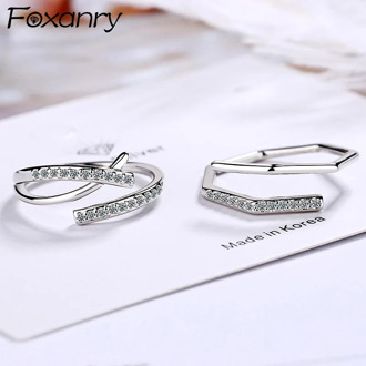 Foxanry Minimalist 925 Sterling Silver Single Row Zircon Rings New Fashion Irregular Cross Geometric Elegant Bride Jewelry Gifts