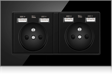 FR Standard Wall Power Plug adapter Socket ,16A Dual USB Electrical Double Outlet Switch 146mm*86mm,Glass Panel,White,110-250V