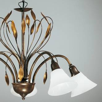 Fraaie hanglamp CAMPANA, 5-lichts Roestbruin, gepatineerd goud, wit