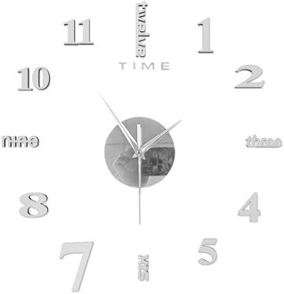 Frameloze Diy Muur Mute Klok 3d Spiegel Oppervlak Sticker Home Office Decor 12-Uur Display Wandklok Met Tijd mark 50x50cm Zilver