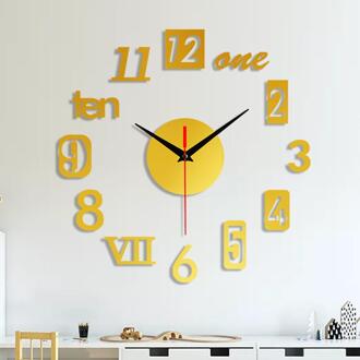 Frameloze Diy Muur Mute Klok 3D Spiegel Oppervlak Sticker Home Office Decor Cd Goud