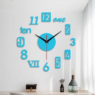 Frameloze Diy Muur Mute Klok 3D Spiegel Oppervlak Sticker Home Office Decor Cd lucht blauw