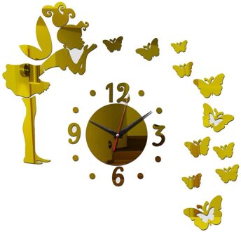 Frameloze Diy Muur Mute Klok 3D Spiegel Oppervlak Sticker Home Office Decor Goud