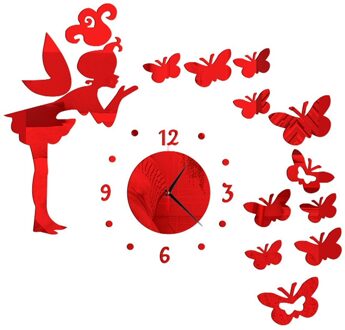 Frameloze Diy Muur Mute Klok 3D Spiegel Oppervlak Sticker Home Office Decor Rood