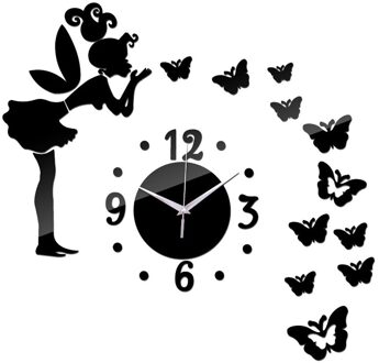 Frameloze Diy Muur Mute Klok 3D Spiegel Oppervlak Sticker Home Office Decor zwart