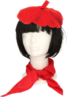 Franse baret en sjaaltje - rood - polyester - voor volwassenen - Carnaval accessoires