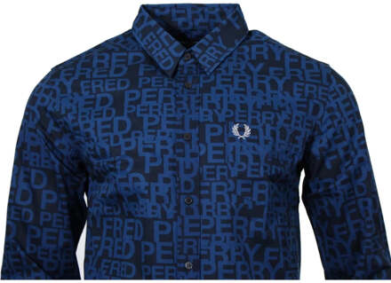 Fred Perry All-Over Logo Shaded Cobalt Shirt met Lange Mouwen Blauw