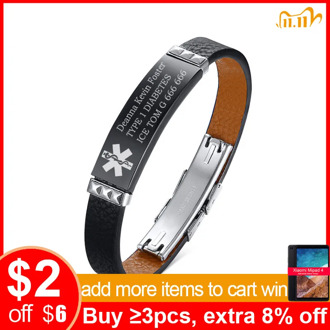 Free Customize Medical Alert ID Tag Bracelet Black Geruine Leather DIABETES Emergency