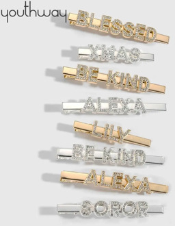 FREE MOLD FEE CUSTOM Rhinestone Bling letter word haipins Personalized Crystal Alligator hair clips bridal hair accessories