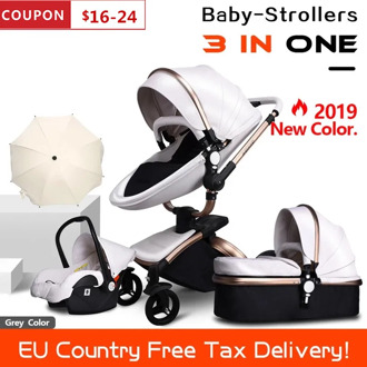 Free Ship Leather 3 in 1 Baby Stroller Two Way Suspension 2 in 1 Stroller EU Safety Car Seat Newborn Bassinet Send Umbrella