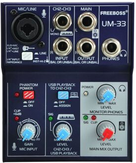 Freeboss UM-33 3 Kanalen Input Mic Lijn Insert Stereo USB Afspelen USB Interface Audio Mixer