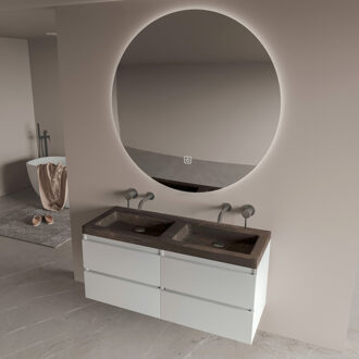 Freestone badkamermeubel mat wit 120cm met natuurstenen wastafel zonder kraangat en ronde spiegel