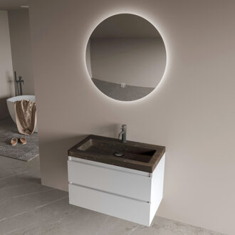 Freestone badkamermeubel mat wit 80cm met natuurstenen wastafel 1 kraangat en ronde spiegel