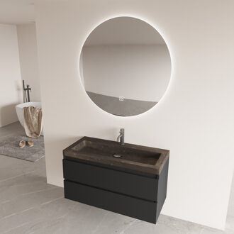 Freestone badkamermeubel mat zwart 100cm met natuurstenen wastafel 1 kraangat en ronde spiegel