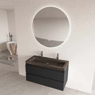 Freestone badkamermeubel mat zwart 100cm met natuurstenen wastafel 2 kraangaten en ronde spiegel