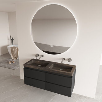 Freestone badkamermeubel mat zwart 120cm met natuurstenen wastafel zonder kraangaten en ronde spiegel