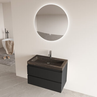 Freestone badkamermeubel mat zwart 80cm met natuurstenen wastafel 1 kraangat en ronde spiegel