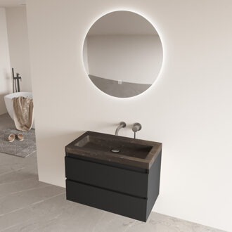 Freestone badkamermeubel mat zwart 80cm met natuurstenen wastafel zonder kraangat en ronde spiegel