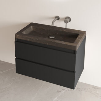 Freestone badkamermeubel mat zwart 80cm met natuurstenen wastafel zonder kraangat